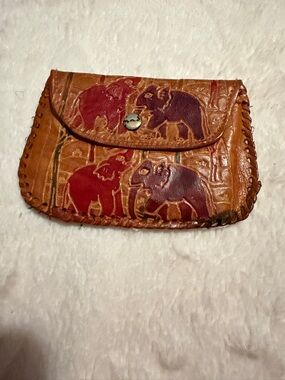 Hand-Tooled Tan Leather Coin Wallet with Red & Brown Elephant Motif